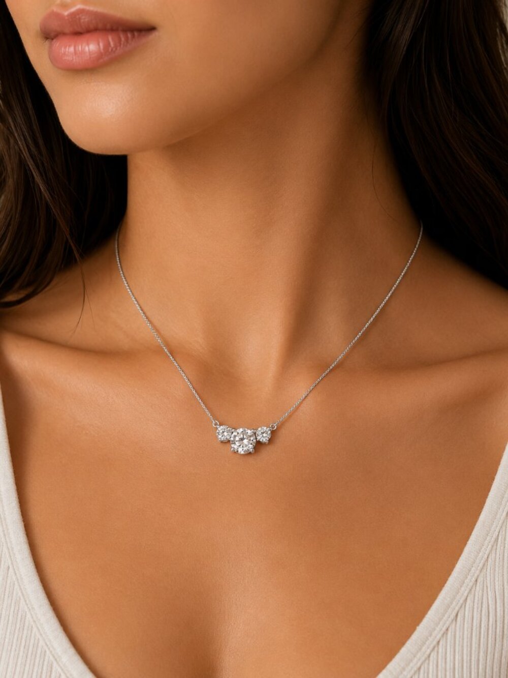 3 stone Round Sterling Silver Anniversary Necklace 1.6CT Moissanite VVS1 color D
